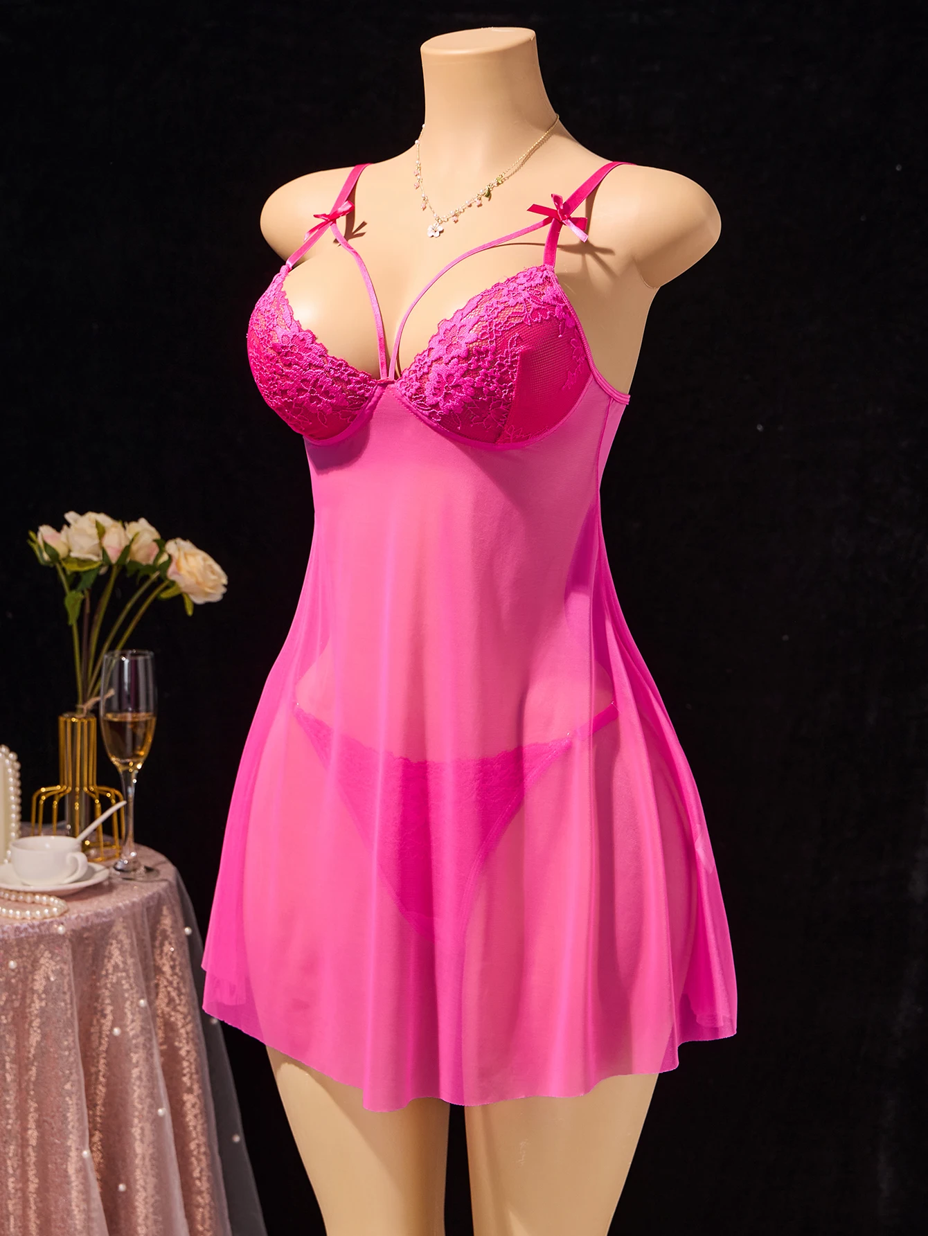 Hot Pink Sheer Mesh Babydoll Chemise Lace Bust With Tiny Bow Straps See Through Lingerie Nightdress Matching Panty Boudoir image 5