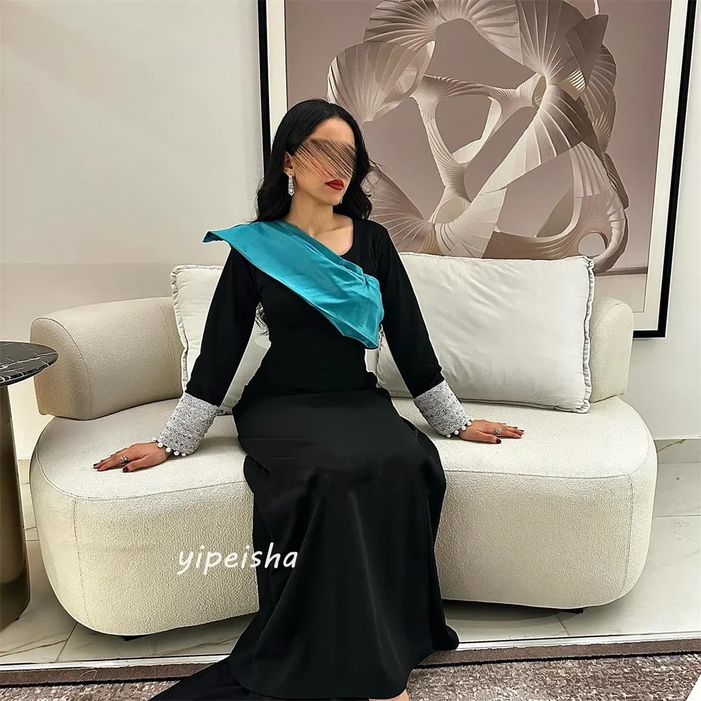 Customized Prom Dress Saudi Arabia Modern Style V-Neck A-line Beading Floor-Length Satin Bespoke Occasion Dresses Evening