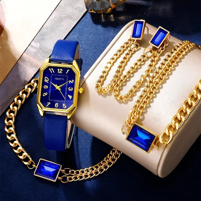 Women\'s Fashion Square Watch Brand Ladies Quartz Wristwatch Women Watches Blue Classic Simple Femme Jewelry Set Montre Femme