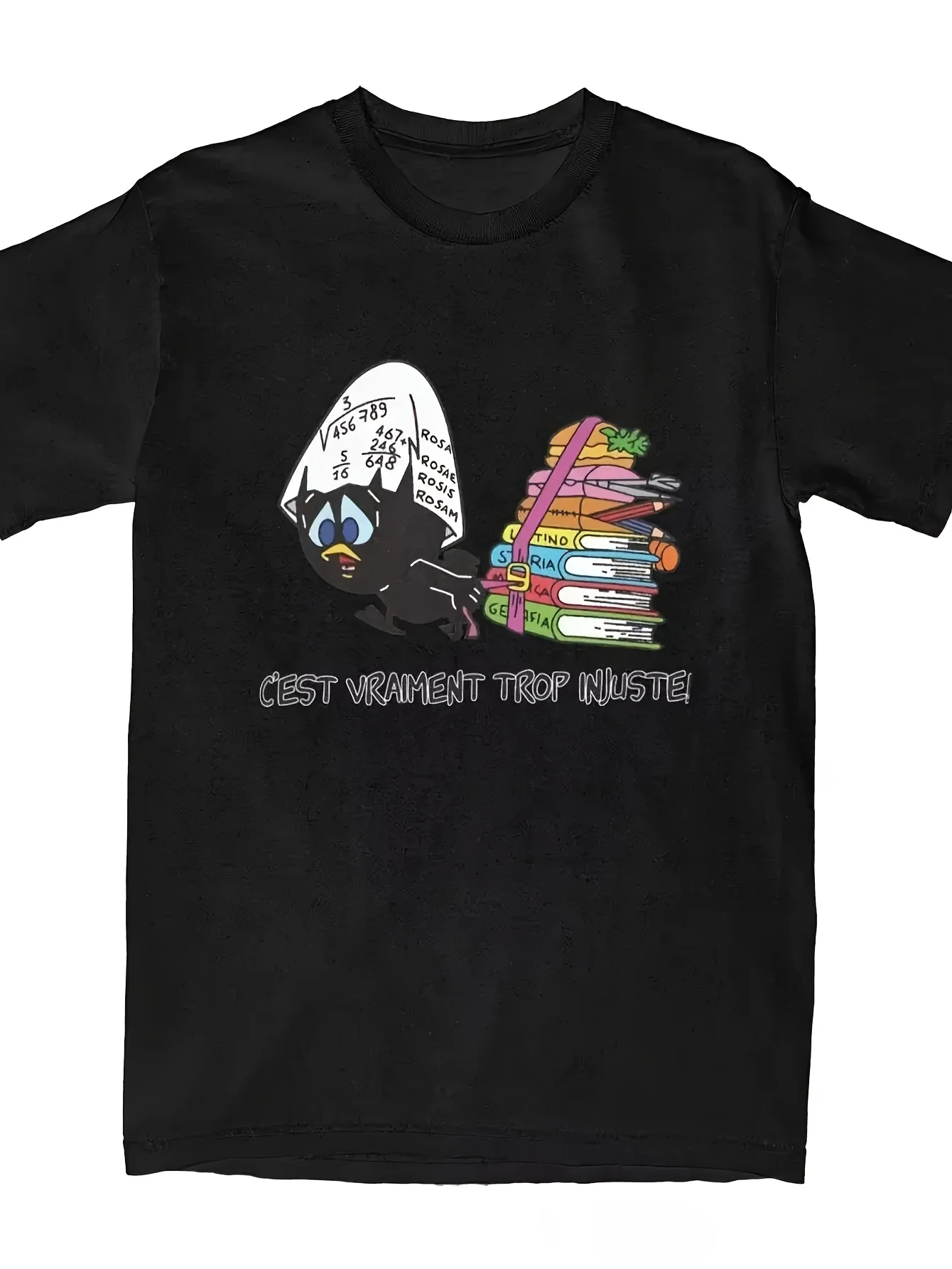 Plus-Size Allseason Apparel Unisex Cool Calimero French Lettering And Stacked Book Design T-Shirt, Casual Parties, Printed with C'Est Vraiment Trop Injuste (C'Est Vraiment Trop Injuste), And Collectible T-Shirt, Plus Size