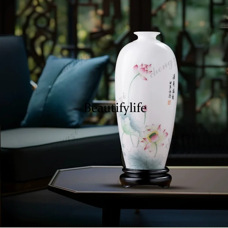 Chinese high-end hand-painted lotus ice seed jade ceramic vase living room entrance wine cabinet decorative ornament