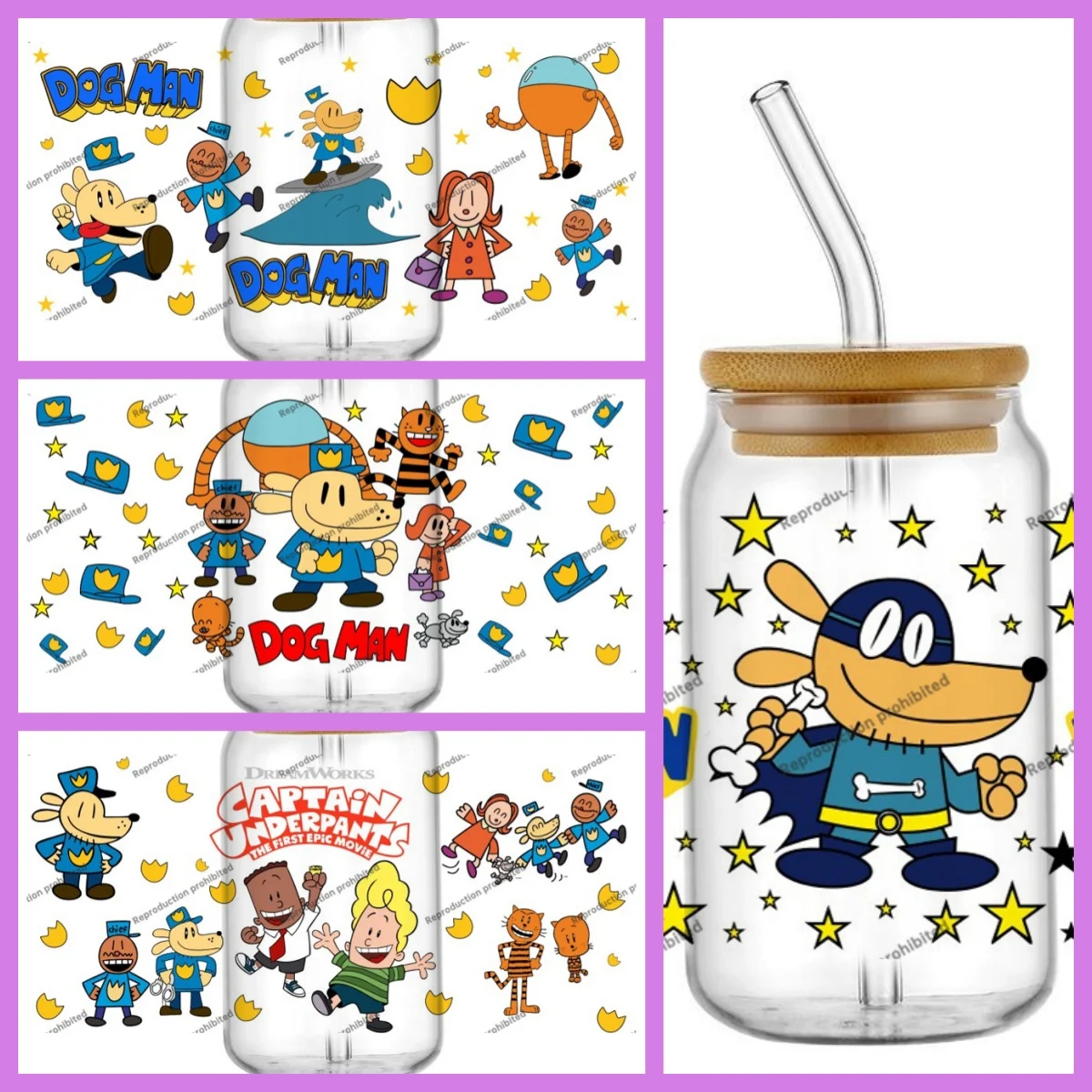 

Popular New Design Kids Dog Man Cartoon UV DTF Transfer Stickers Cup Wrap Cute Waterproof Decals for 16oz Libbey Glass Cups