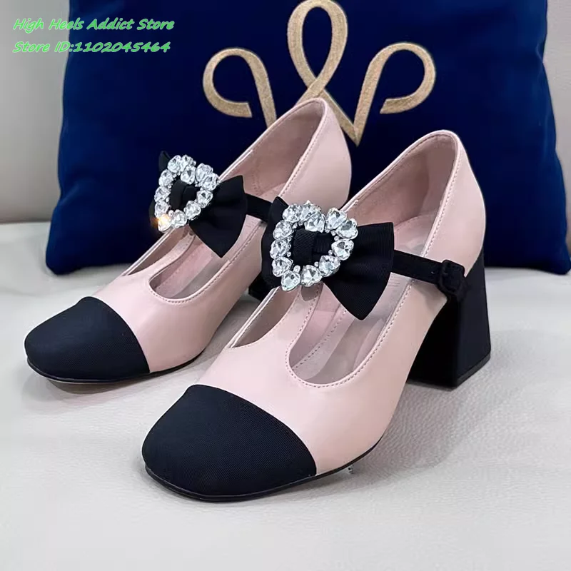 Women's 2024 New in Crysatl Heart Buckled Mary Jane Shoes Elegant High Heels Round Bow Cute Pumps Luxury Designer Party Shoes