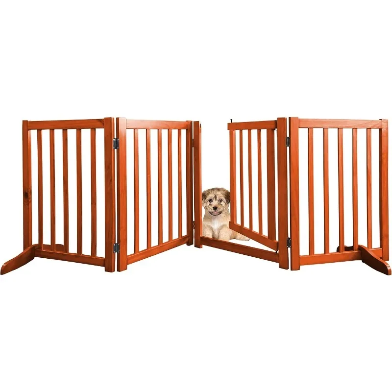 Dog Door Wooden Pet Door with Walking Door, Folding Indoor Dog Barrier, Pet Pen with 2 Supporting Feet(4 Panels)