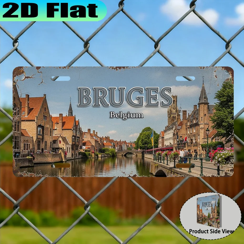 2D Flat, 2D Flat - 2D Flat 1pc 2D Flat Bruges  Aluminum Sign License Plate | 30.48x15.24cm,  Urban Style, Travel Enthusiast G