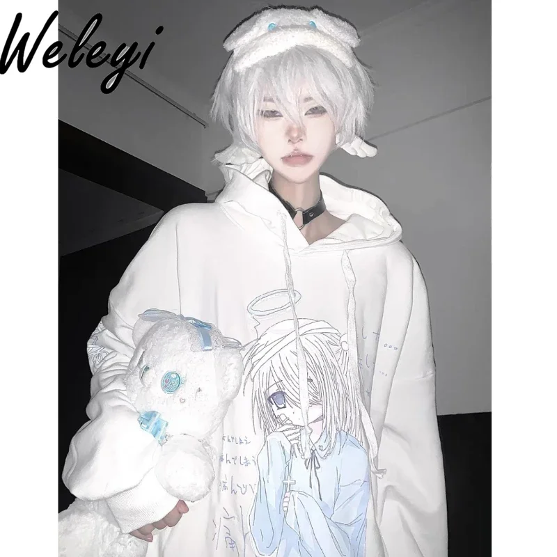 Y2K Millennial Girl White Hooded Sweatshirt 2024 Fall New Japanese Woman Two-dimensional Yabi Cute Mine Cotton Liner Hoodie Top