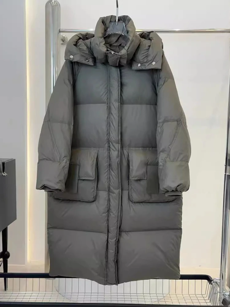 Dames 2025 Nieuwe Capuchon Knielengte Losse Puffer Brood Jas Vrouwen Winter Dikker Warme Waterdichte Eendendons Jas Pluizige Parka