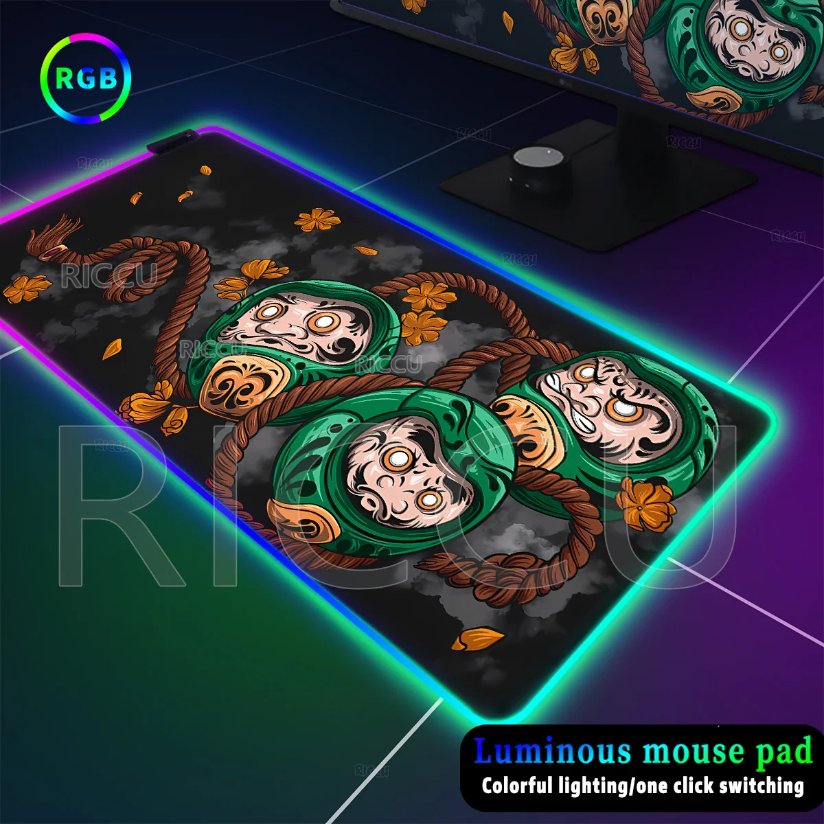 

RGB Japanese daruma PC Gaming Mouse Pad XXL Bodhidharma Non-slip Emit Light Mat Gamer Keyboard Expansion Pad Home Office Setup