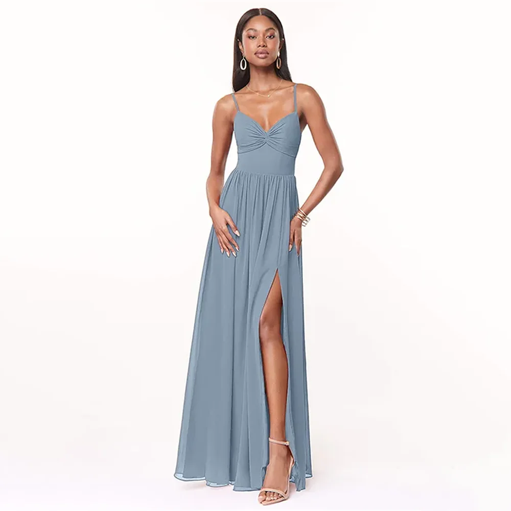 

Evening Dresses Women Elegant Spaghetti Straps Pleated High Split Prom Dresses Formal Gown Elegant Party Cocktail Gowns For Gala