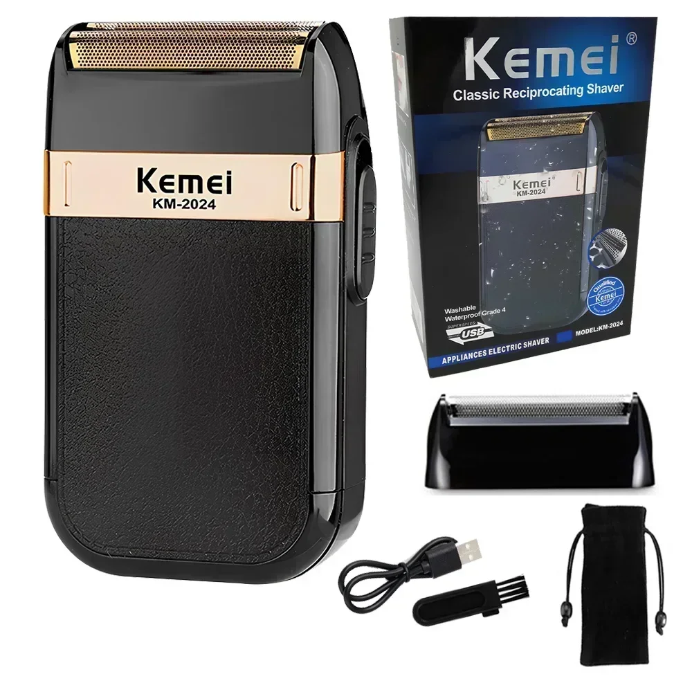 

Kemei KM-2024 Men Electric Shavers Waterproof Reciprocating Foil Razor Precision Beard Trimmer Twin Blade Rechargeable with Sack