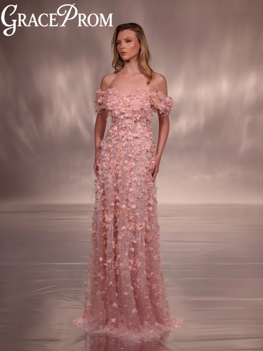

Charming Pink 3D Floral Evening Dress Opulent Beaded Feathers Wedding Party Gowns Customized Off Shoulder Long Banquet Gowns