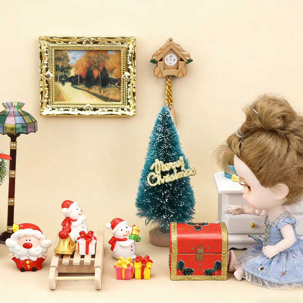1:12 Dollhouse Christmas Miniature Set-Santa, Snowmen&Tree Decor, Festive Micro Scene Model Prop for Dollhouse DIY Holiday Decor