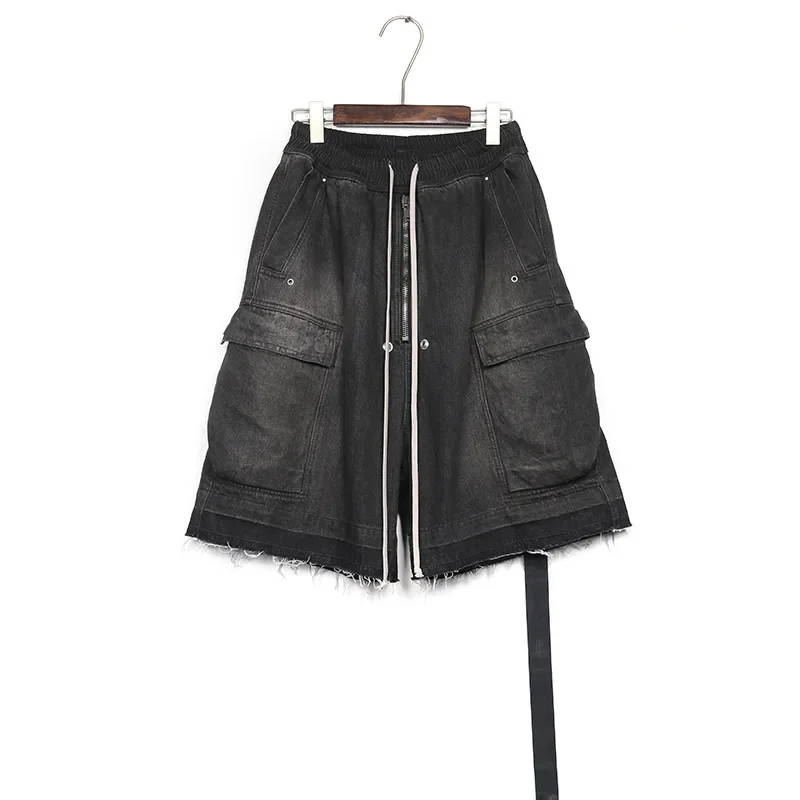 Dark RO High Street Men's Washed and Dyed  Workwear Denim Shorts Cropped Pants Casual Elaxtic Waist Loose Fit Casual Jean Pants