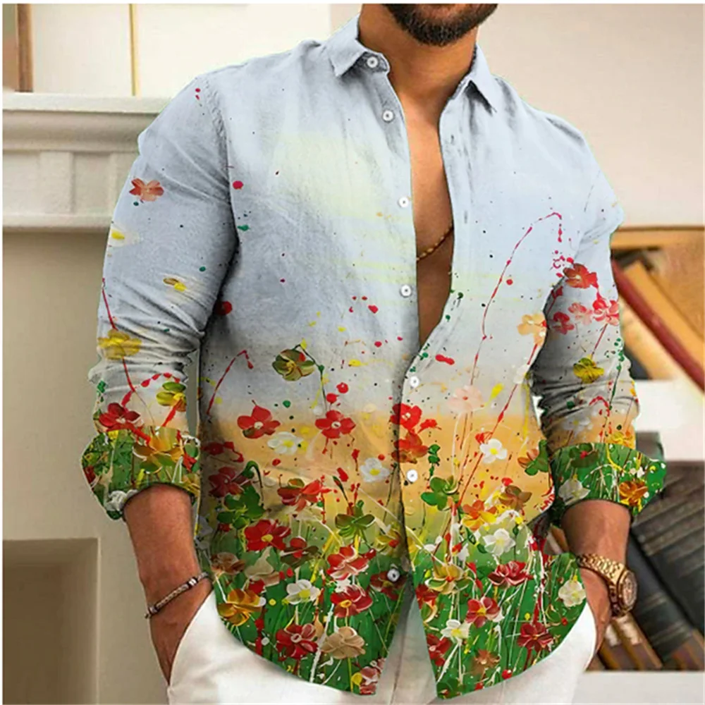 

Men's 3D Flower Print Party Shirt with High Quality Soft and Comfortable Fabric Men's Street Classic Long Sleeve Top Plus Size