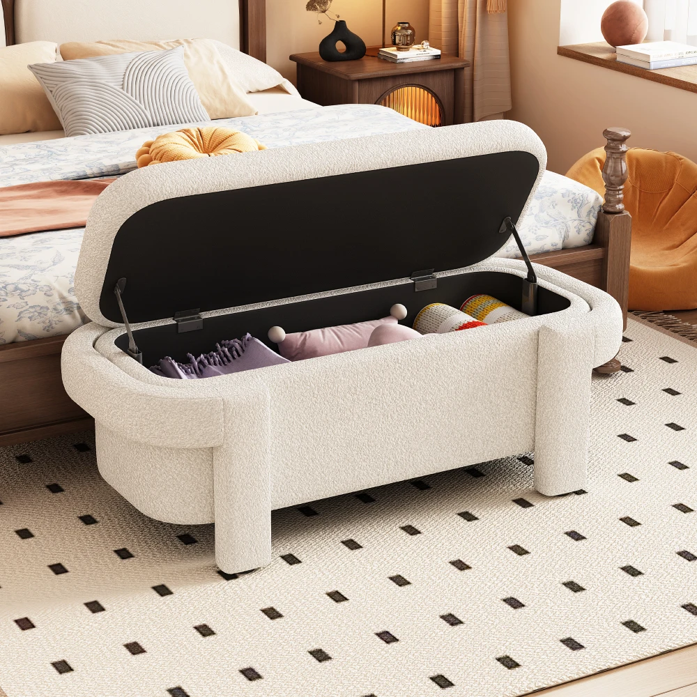 Modern Storage Ottoman Bench,พื้นที่เก็บของขนาดใหญ่สําหรับห้องนั่งเล่น,ทางเข้าและห้องนอน,สีขาวปุย (48''x21.5''x17'')