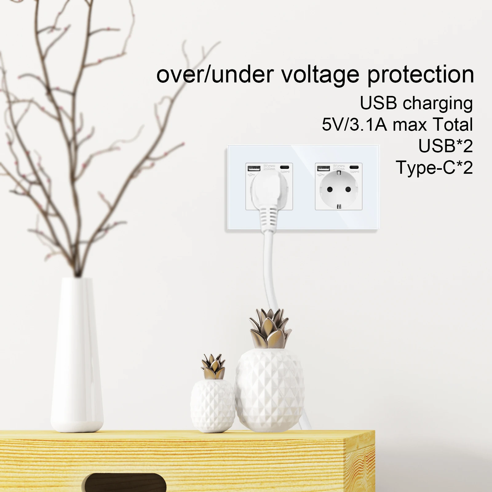 Bingoelec EU Standard Single Power Socket Crystal Panel 16A Double Wall Outlets Triple Type-C Plug Glass Quadruple Wall Sockets