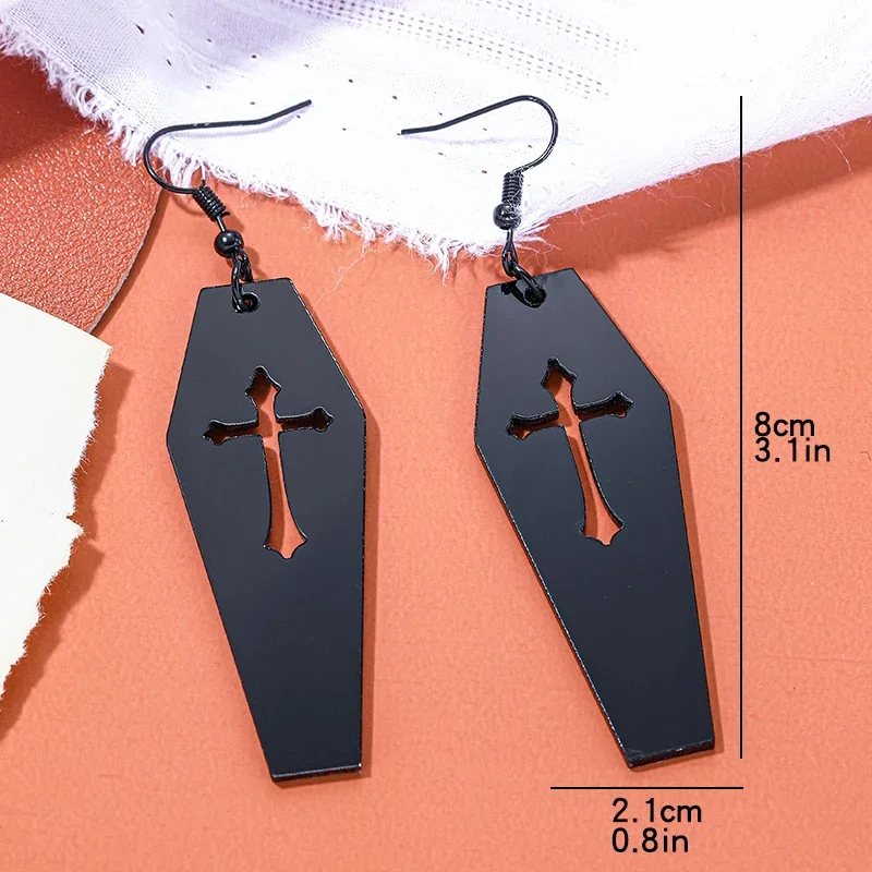 Gothic Death Cross Cutout Vampire Coffin Earrings for Women 2024 New Goth Punk Black Color Jewelry Y2k Accessories Party Gifts