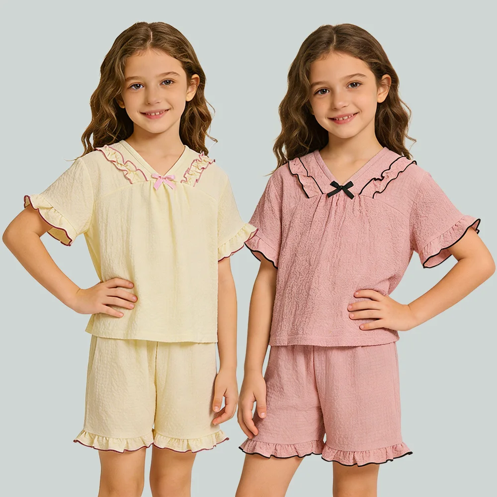 Girls' summer foam gauze stylish comfortable short sleeved shorts home suit set