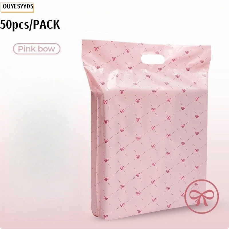 

50pcs Pink Bowknot Courier Bag With Handle Plastic Self-Adhesive Mailing Express Bag Envelope Postal Pouch Packaging