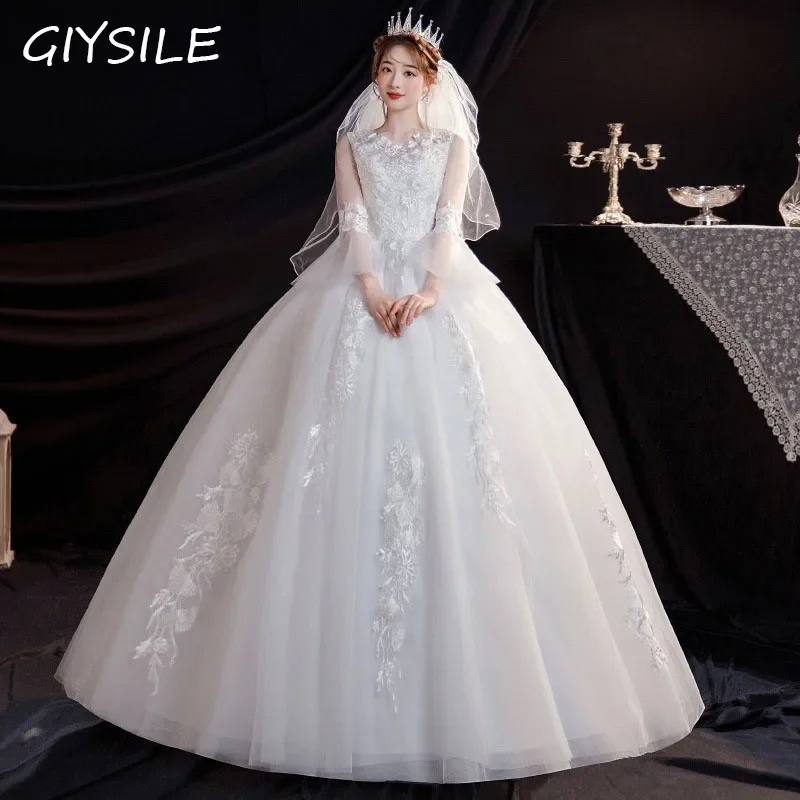 GIYSILE-Robe de Mariée Blanche Brodée, Manches Cornes, Grande Taille, Coréenne, Éducative