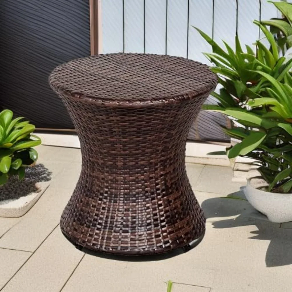 Small Side Table Patio Rattan End Table  Hourglass Wicker Accent Tables Steel Frame Lightweight