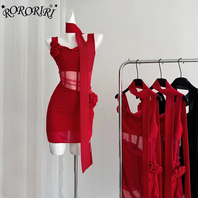 RORORIRI Romantic Rose Brooch Mini Tank Dress Women Draped Collar Solid Patchwork Mesh Sheer Slim Bodycon Hotties Summer Clothes