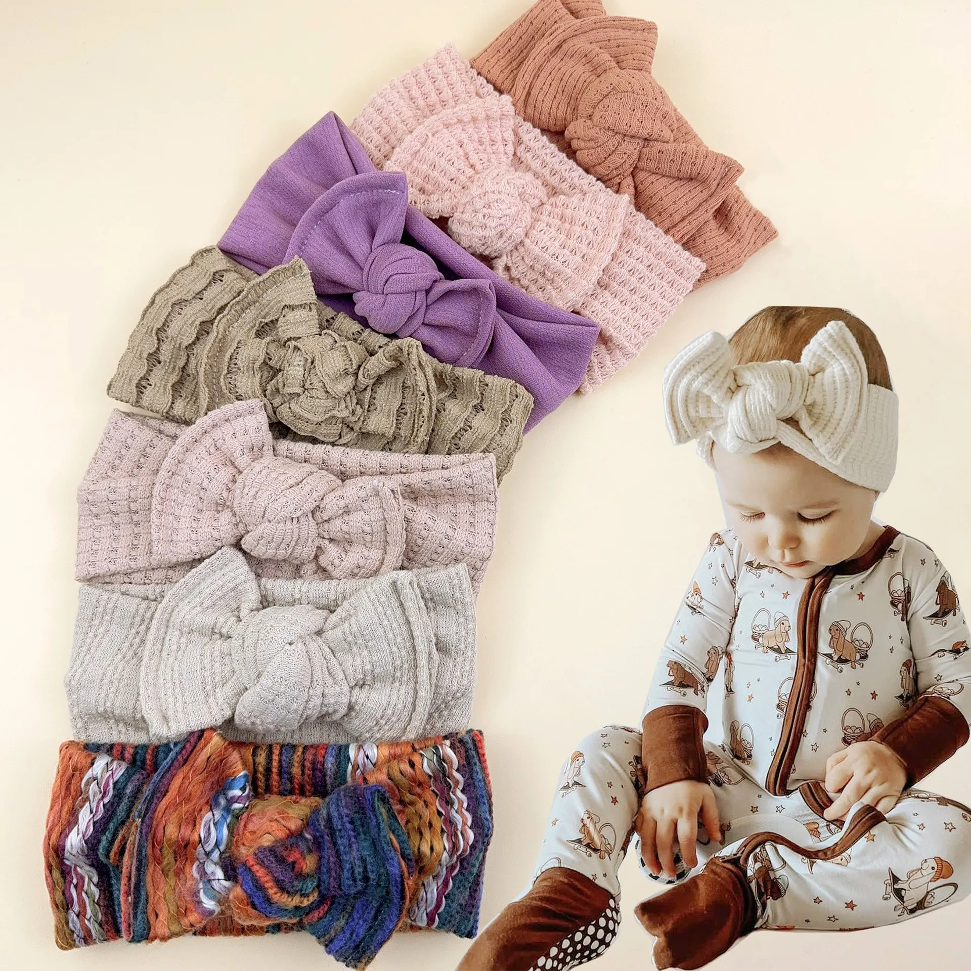 

24PC/lot Cute Waffle Knit Headband Baby Wool Knit Bowknot Elastic Hairbands Infant Toddler Cotton HeadWraps Kids Girls Headwear