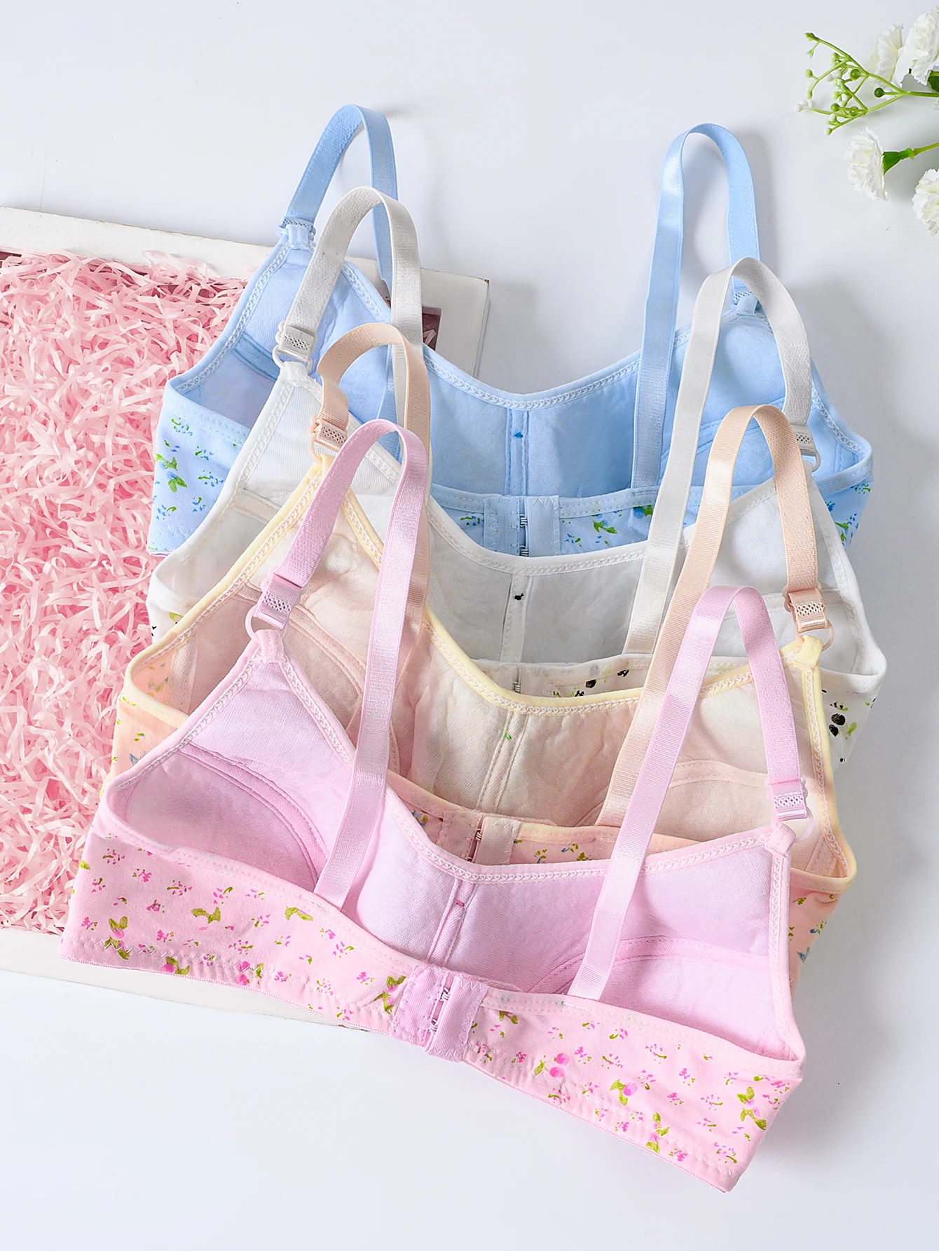 4 Pcs Cute Girls' Underwear Bras, All-Over Printed Patterns, Fashionable Bras, Comfortable and Breathable Underwear, Wi