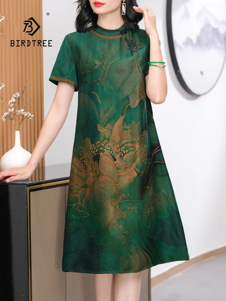 

BirdTree, 100%Real Silk XiangYunSha Elegant Dresses, Women Half Sleeve Print, Cheongsam Loose Retro Dress, 2024 Summer D44030QC