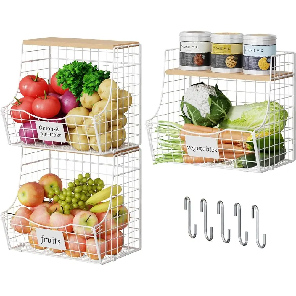 

3 Pack Hanging ruit Basket or Kitchen with Wood Lid - Onion and Potato Storage ruit Bowl with Nameplate or Counter&Wall Mounted,