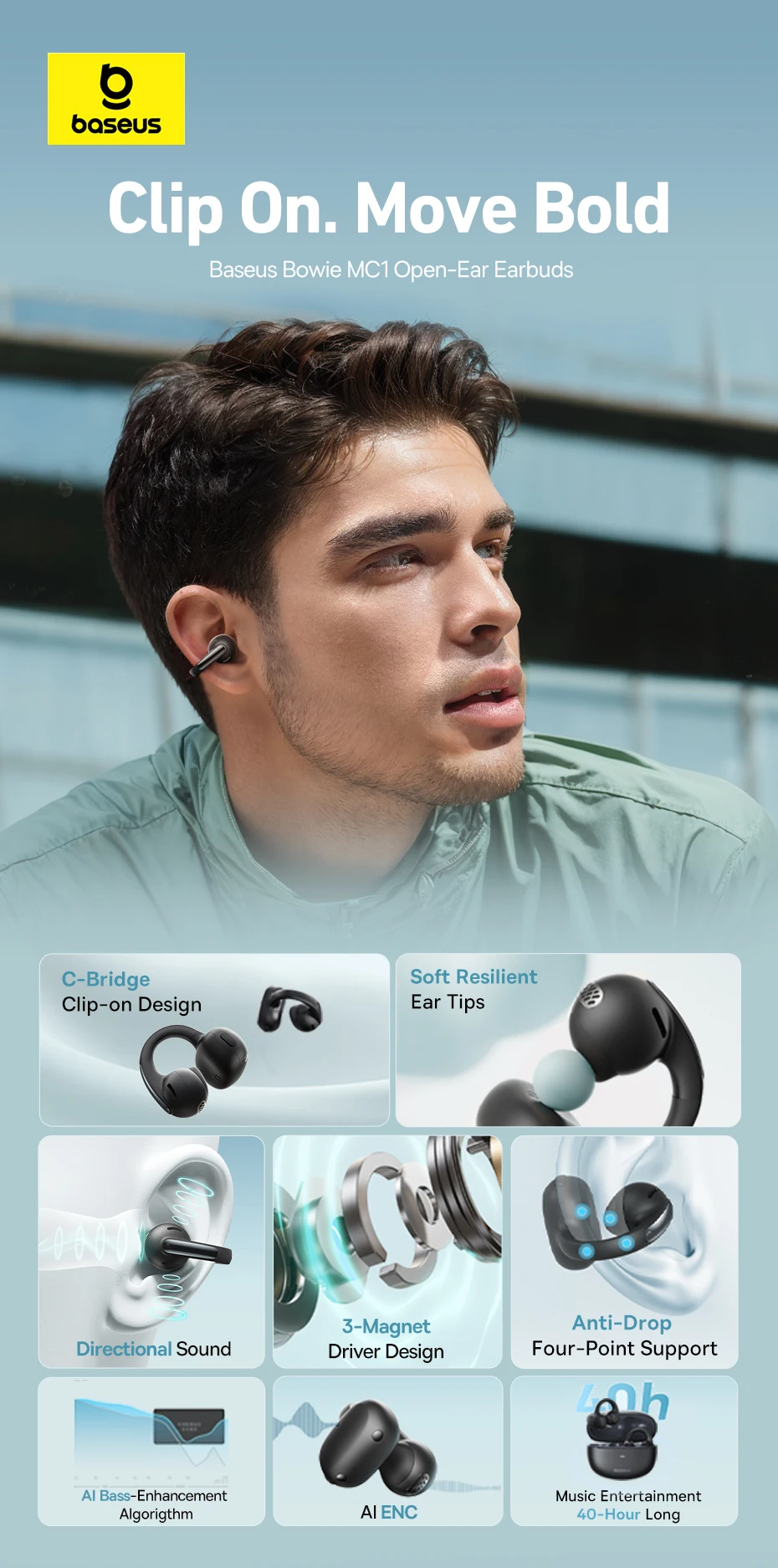 Baseus Bowie MC1 Ohrclip, kabellose Kopfhörer, Bluetooth 5.4, offene Ohrhörer, aufsteckbare Sport-Ohrhörer, IP57, wasserdicht, AI-Bass – Detail 2