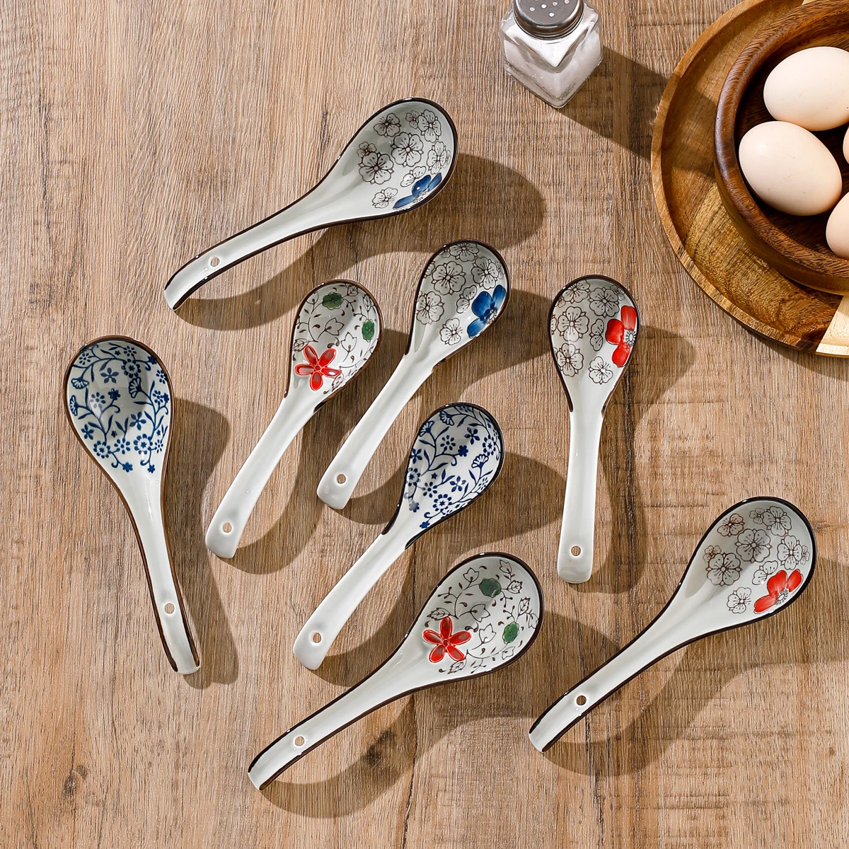 4Pcs Ceramic Spoon Environmental Protection Household Kitchen Cutlery Set Retro Flower Print Design Ceramic Soup Spoon Set