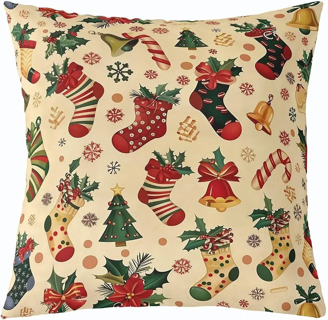 1pc Merry Christmas Throw Pillow Covers 20 X 20-Inch Christmas Socks Set of 1 Decor Pillowcase for Boys Girls Teens Bedroom