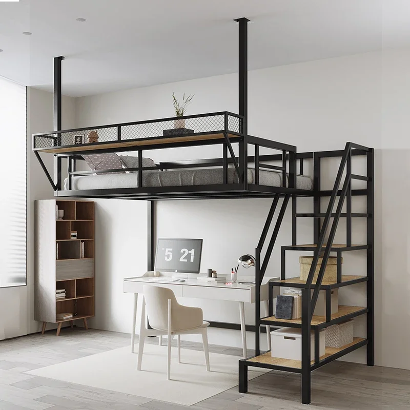 Space-saving household wrought iron second floor suspended bed sheet upper lower empty attic bed high and low bed elevated b