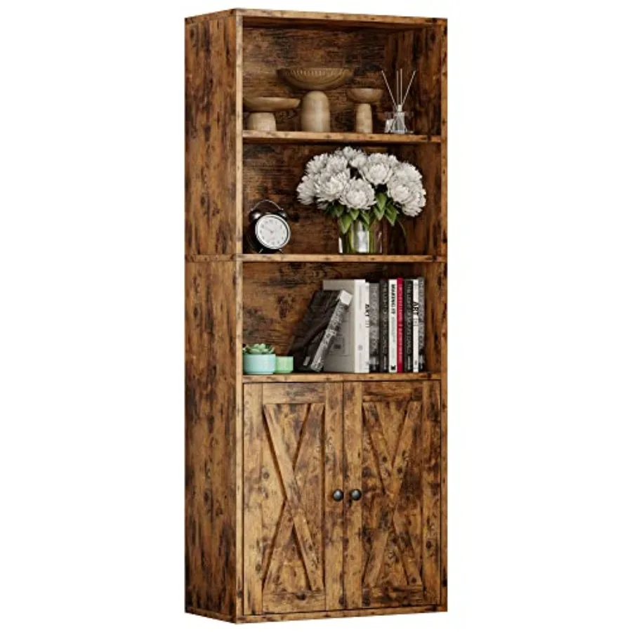 

Industrial Bookshelves with Doors 11.8in Depth 5-Shelf Floor Standing Storage Cabinet for Home Office Living Room Bedroom Decor