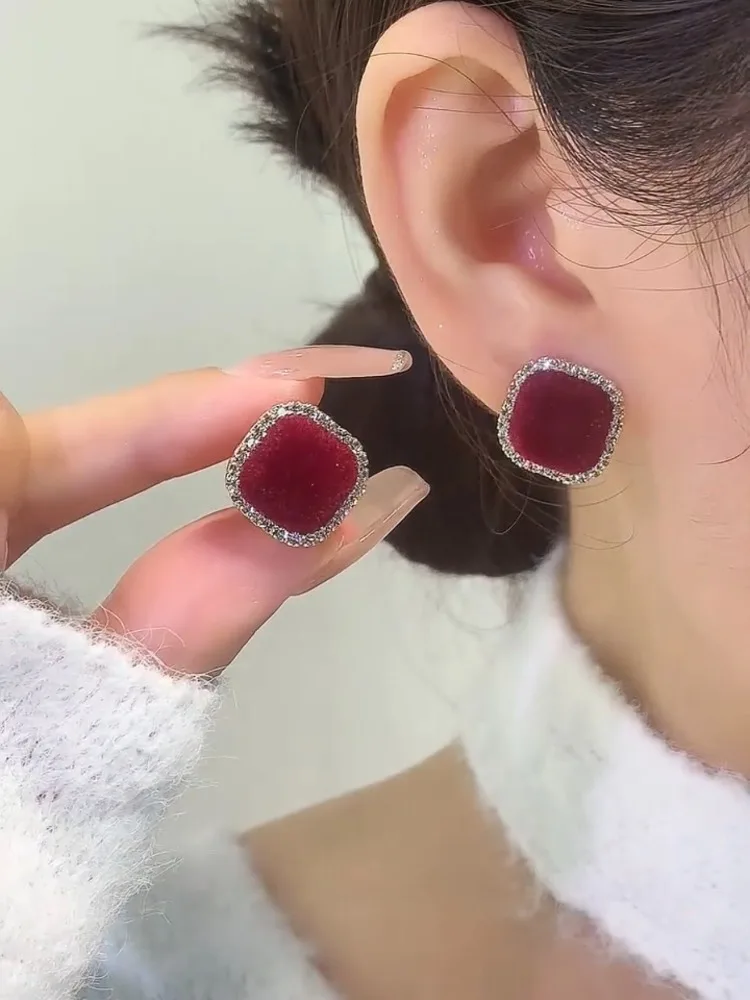 925 Silver Needle Autumn and Winter Burgundy Flocking Square Diamond Stud Earrings Light Luxury Premium Earrings