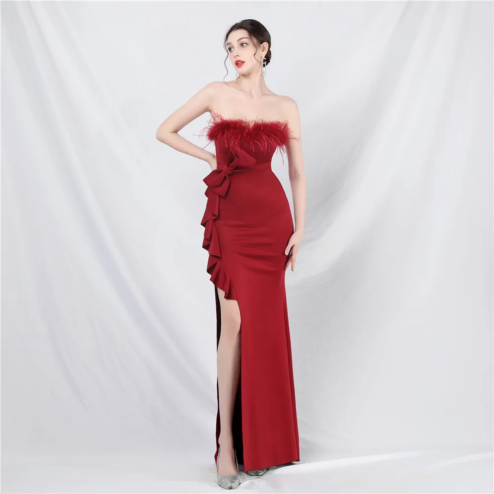 Sladuo Strapless Feather Slpit Women's Maxi Dress Sexy Sleevless Elegant Wedding Party Evening Club Dresses Outfits