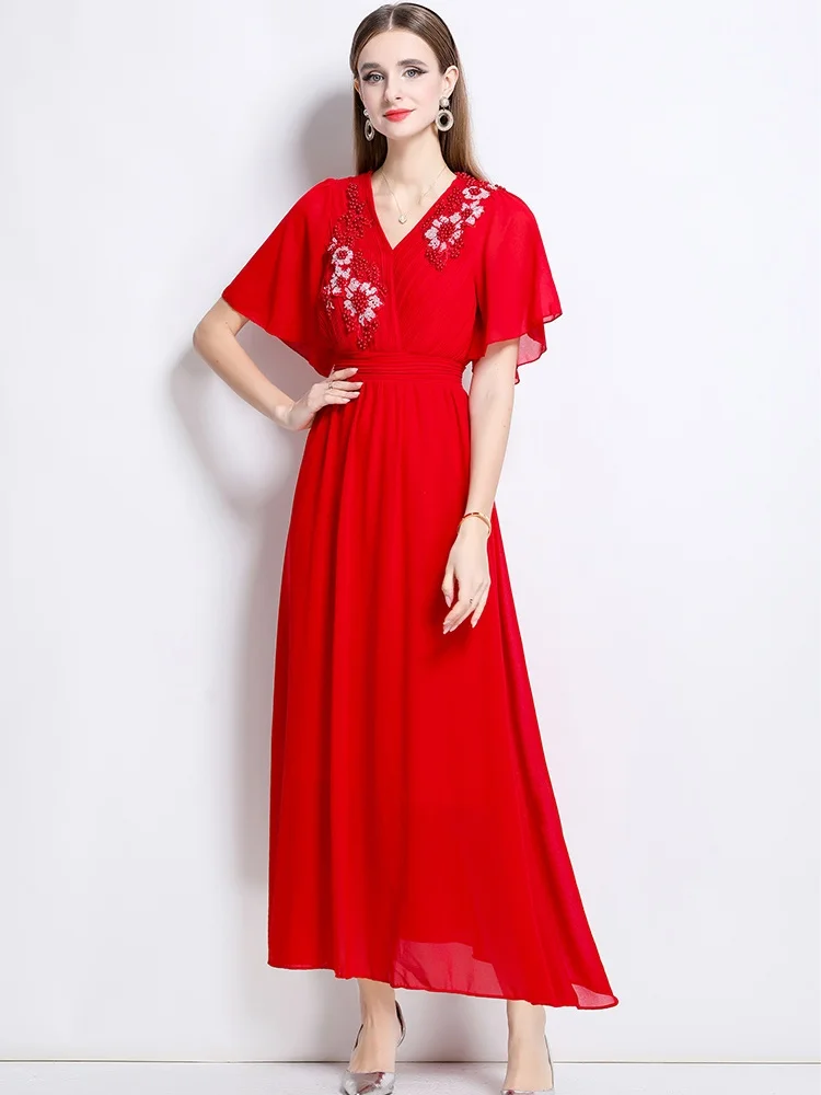 

2025 New Summer Sexy V Neck Short Sleeves Pleated Long Dress Women's Slim High Waist Luxury Beaded Long Dress Female Vestido