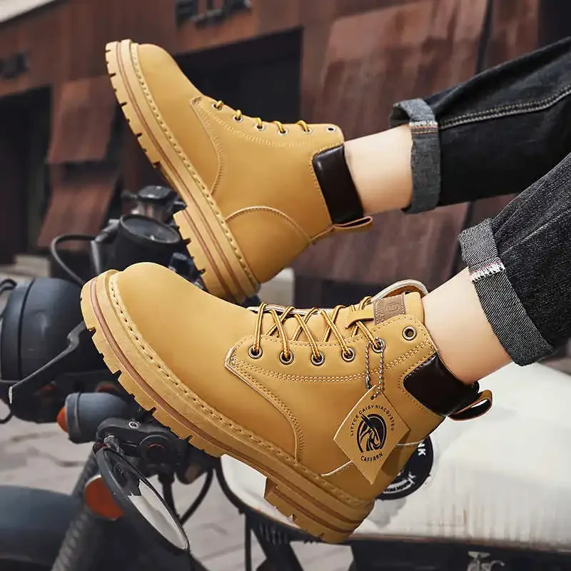 2025 Hoge Laarzen Mannen Lederen Schoenen Mode Motor Enkellaarsjes Mannen Winter Laarzen Man Schoen Basketbal Lace-Up Botas Hombre