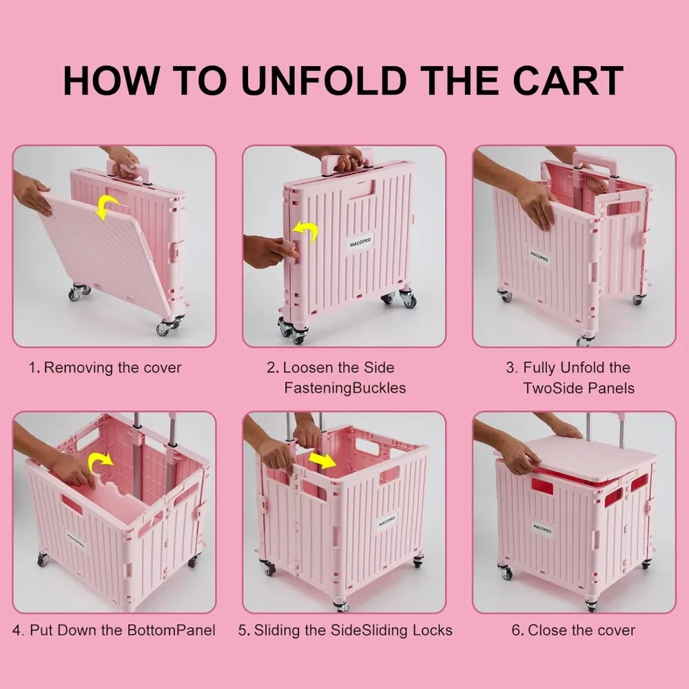 Chariot roulant pliable à 4 roues avec couvercle, chariot de courses pliable pour épicerie, bureau, voyage, rose