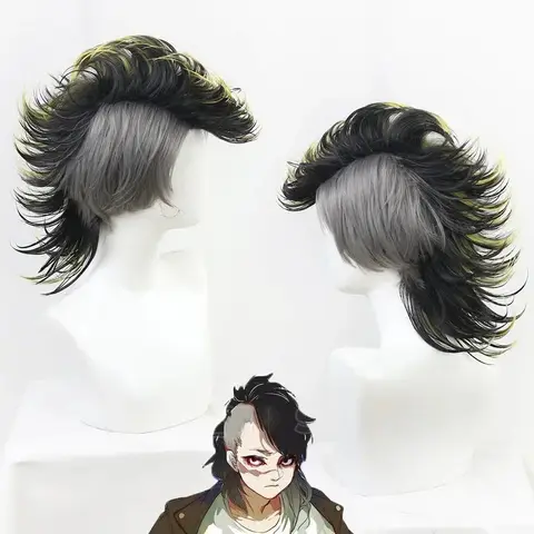 Anime Shinazugawa Genya Cosplay Wigs Anime Demon Slayer: Kimetsu No Yaiba Black and Yellow Style High-temperature Fiber Hair Wig