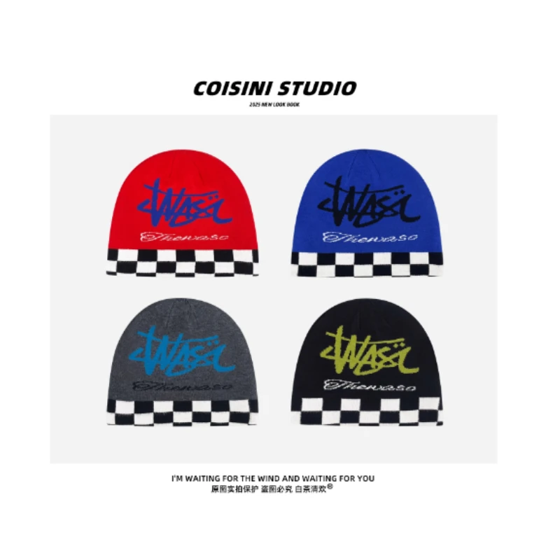 

Niche Trend Checkerboard Letter Double Jacquard Knitted Hat for Men and Women Autumn and Winter Outdoor Warm Skull Beanie Caps