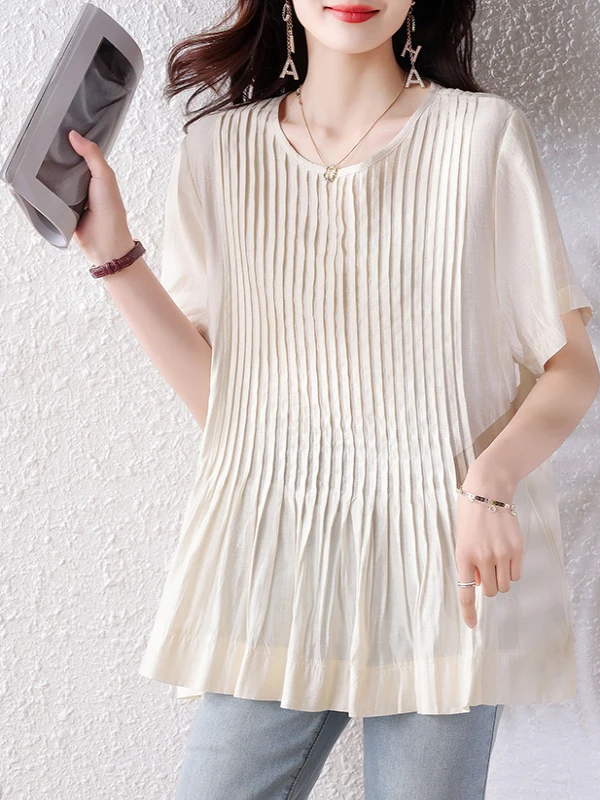 

Women's ort Sve T-irt round Ne Pleated Hem Thin irt Top Korean Sle Loose Fit Regular Thin Pure Color