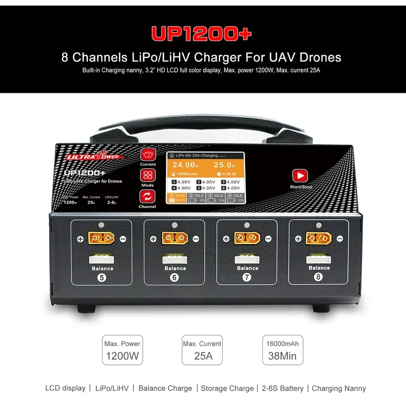 

Ultra Power Feitian UP1200+ 8-channel with screen plant protection 25A high-power battery intelligent charger