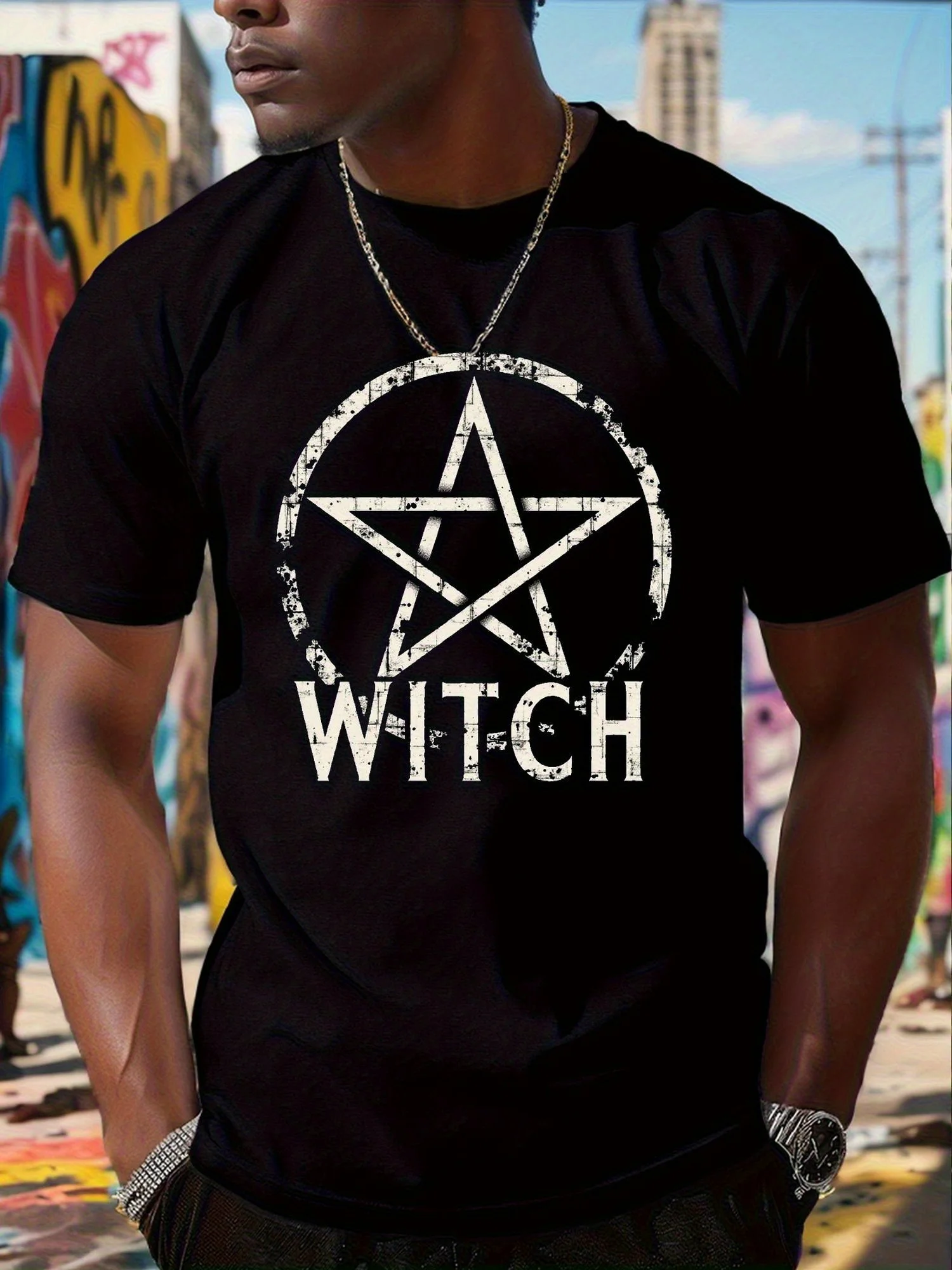 Men's Gothic Witchcraft Pentagram Pattern T-Shirt - Vintage White Grunge Effect Retro 80S 90S Style Short Sleeve Round Neck Casual T-Shirt - Witchcraft and Esotericism Apparel - All Seasons - Funny Quote T-Shirt, Suitable for Themed Events and Casual Wear