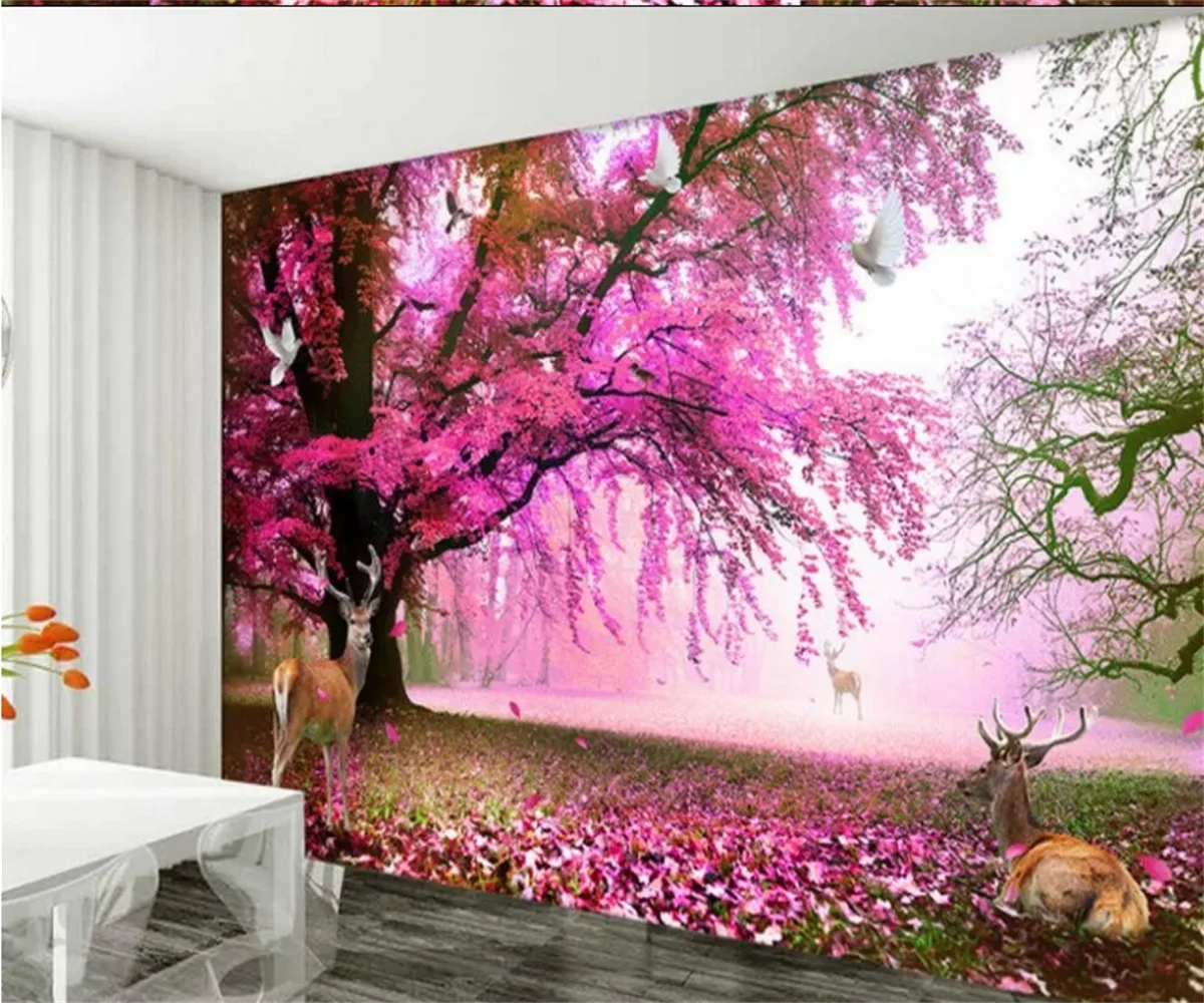 

Self adhesive canvas material Photo wallpaper fantasy cherry tree sika deer living room bedroom TV wall wall papers home decor