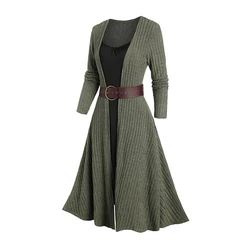 2024 New Women's Fall Winter Dresses Rib Contrast Long Sleeve O Ring Belt 2 In 1 Knit Dress U Neck Midi Dress