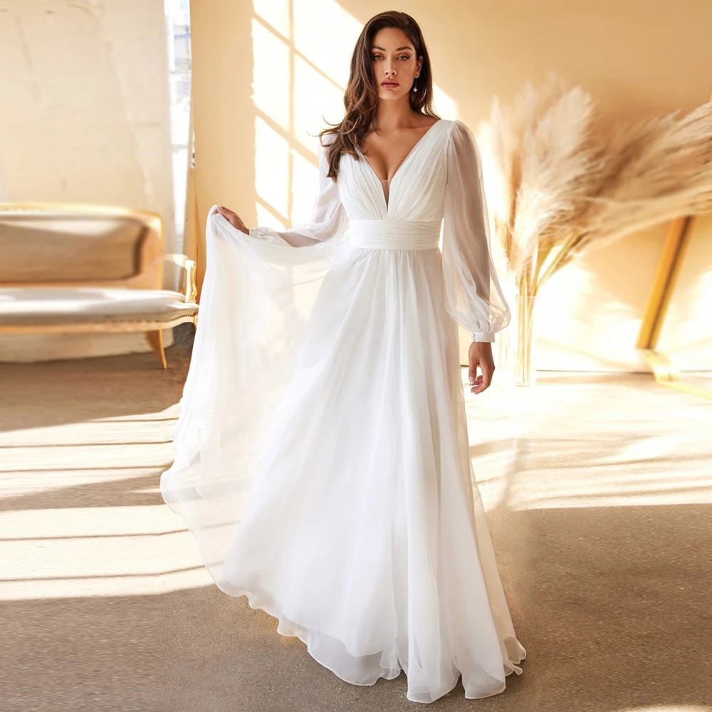 Robes de mariée blanches simples à col en V pour femmes, manches longues, croissance des patients avec longueur au sol, robe éducative dos nu, 2024