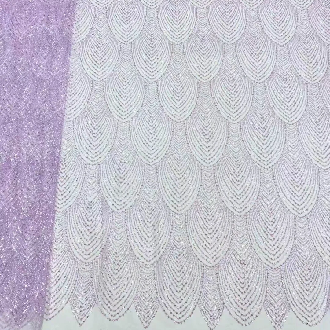 Luxury African Purple Wave Embroidery Lace Fabric Beaded Sequins Nigerian Tulle Lace For Wedding Party Dress Sewing by 5 yards