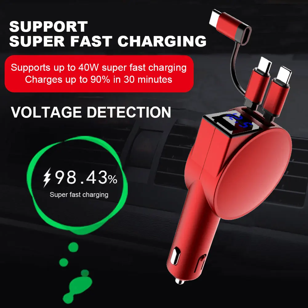 Chargeur rapide rétractable pour téléphone de voiture 3 en 1 avec voltmètre LED, chargeur intelligent pour iPhone, Android, téléphone de type C, 60W